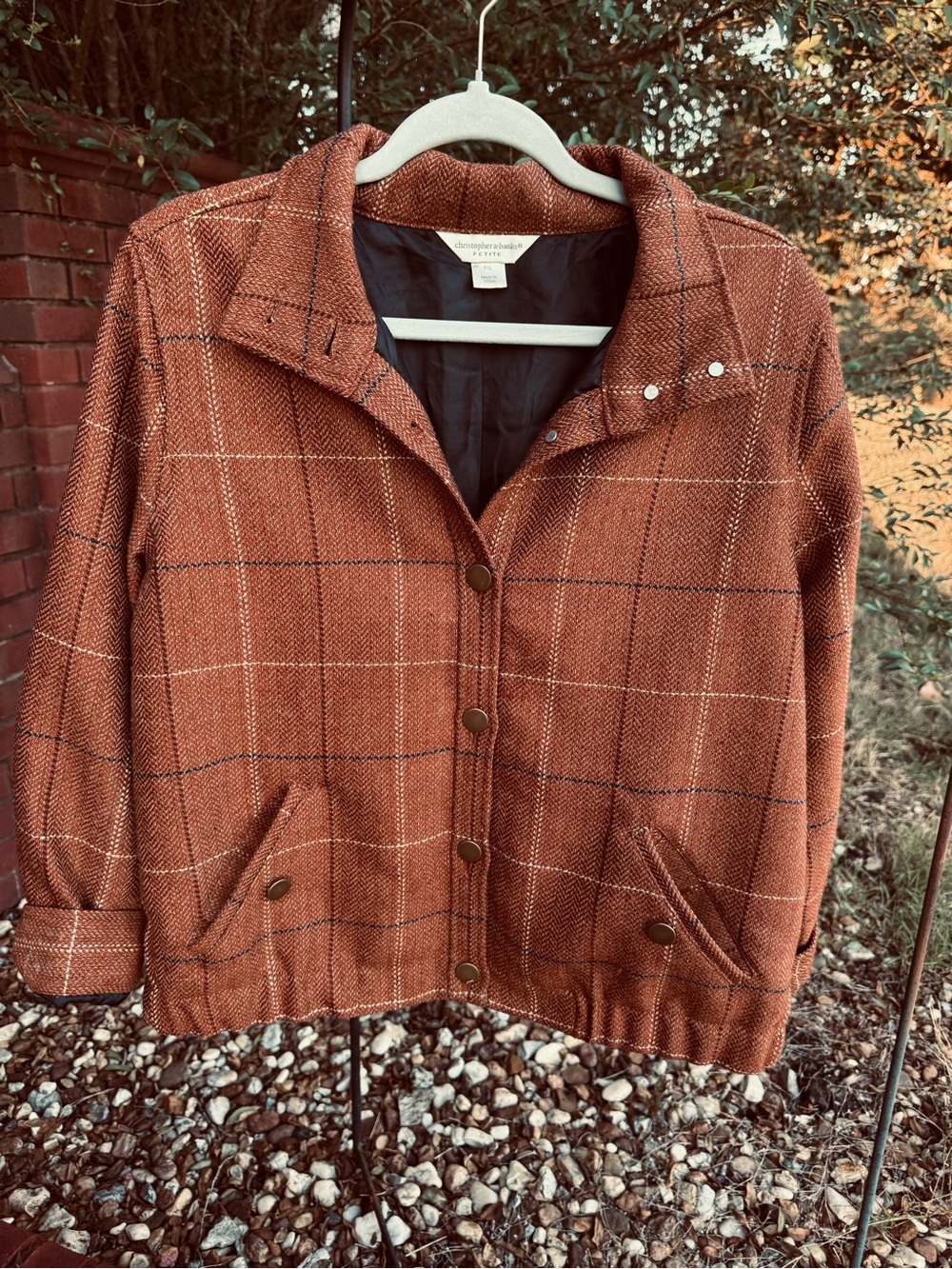 Christopher & Banks Petite Plaid Jacket P/L Rust Orange Snap Front